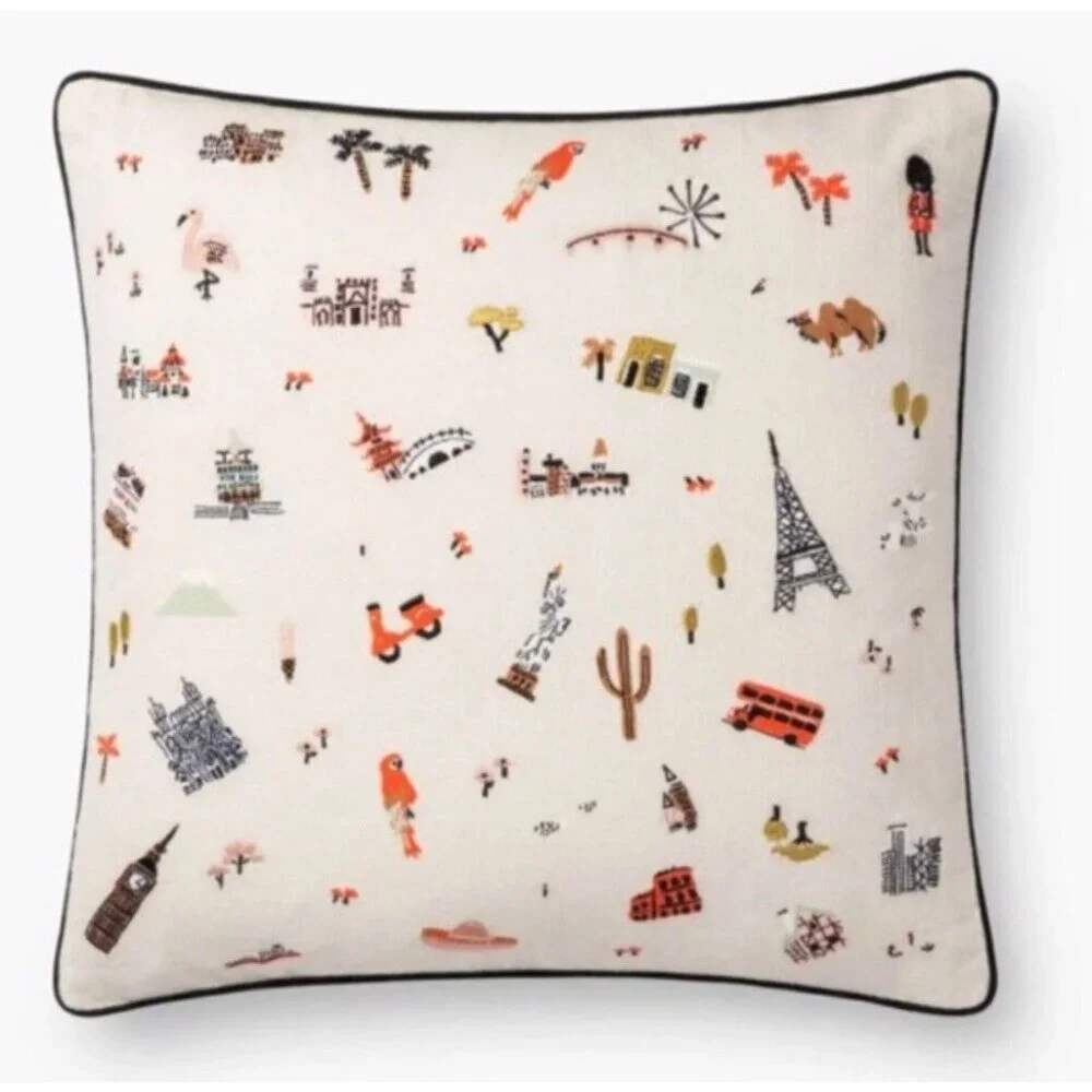 Rifle‎ Paper Throw Pillow Wanderlust Landmark Loloi Pillow 18x18 Embroidered